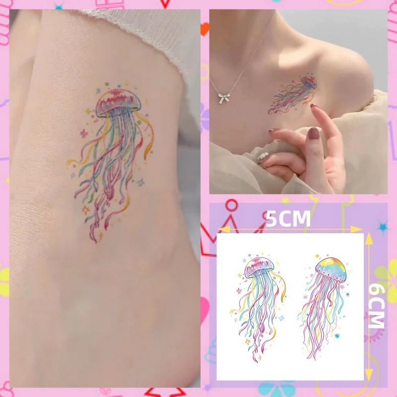 รอยสักลายแมงกะพรุนสีสันสดใสสาวน่ารักขาสักสติกเกอร์รอยสักกันน้ํายาวนาน 7 วัน รอยสักวันหยุดชั่วคราว