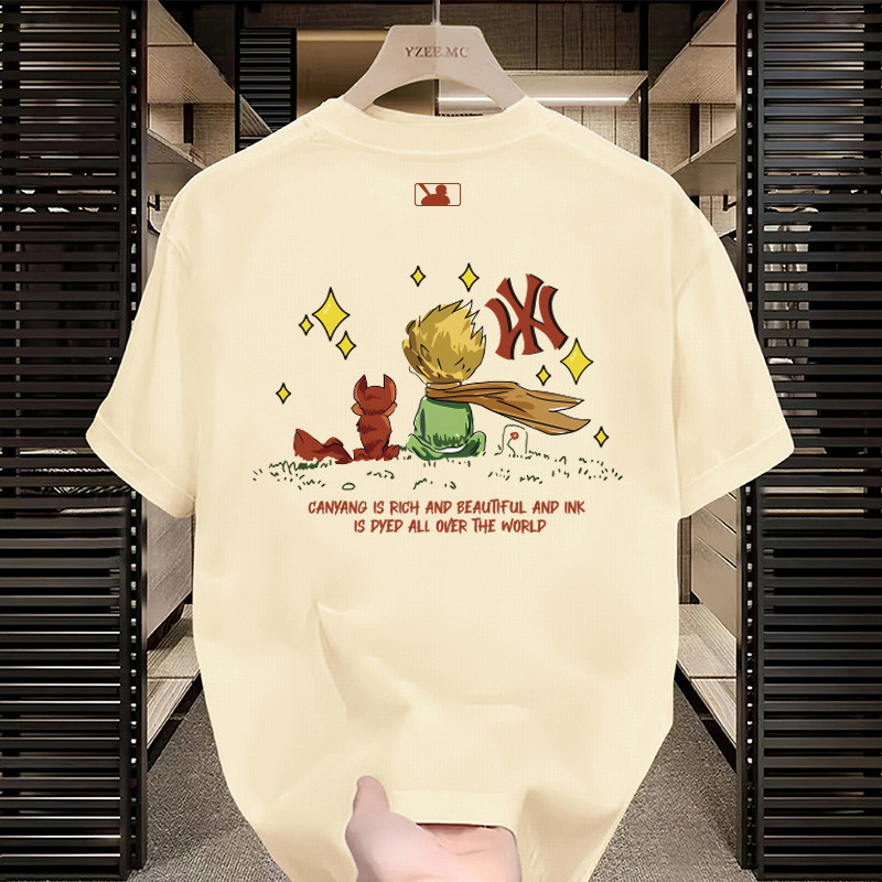 พร้อมสต็อก ที่ ใหม่หลวมกีฬาสบาย ๆ ผ้าฝ้ายแท้ 100% พิมพ์เสื้อคอกลมแขนสั้น