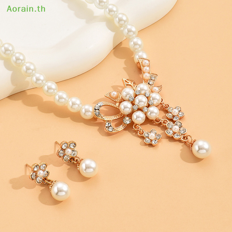 # Hot Fashion # 1Set Women Necklace Beaded Glossy Faux Pearls Rhinestone ฝังดอกไม้เจ้าสาวสร้อยคอต่างหูสตั๊ดชุด ราคา ถูกที่สุด ดีลบีเคเค แกลเลอรีภาพที่ 7