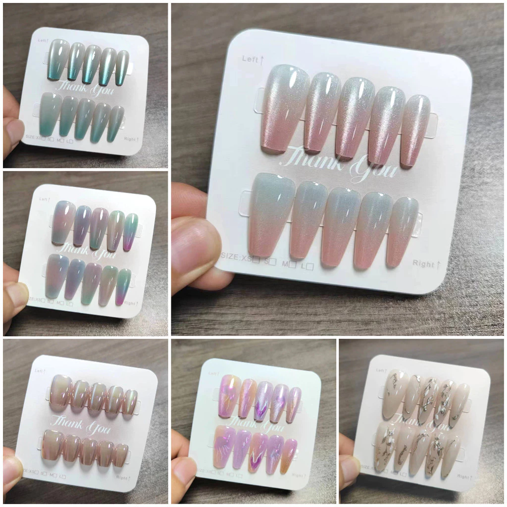 Handmadeing 10 ชิ้นGradient Cat Eye Design เล็บปลอมพร้อม Jelly Gel