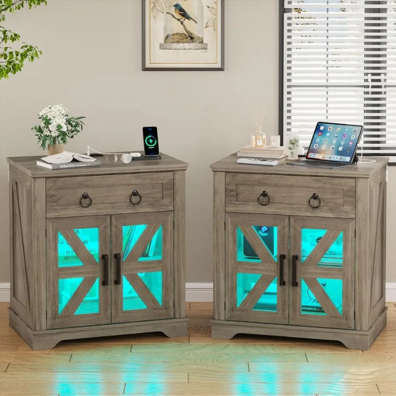 LED End Tables Living Room Set of 2,Sofa Side Table with Charginoor and Adjustable Storage Shelf, Li