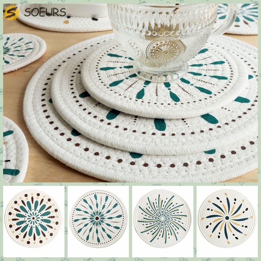 Soeurs แผ่นรองจานผ้าฝ้ายทอ, ฉนวนกันความร้อน Anti-scalding Round Coaster, เสื่อโต๊ะถ้วยลื่นหนาหม้อ Pad ตารางตกแต่ง