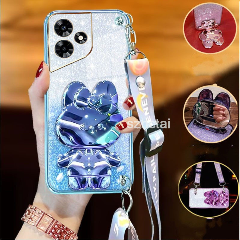 เคส Infinix Hot 30 hot 30i hot 30 play สายรัดข้อมือยาวสไตล์กระต่ายเครื่องสําอางที่วางยึดกระจกหรูหราเคสโทรศัพท์ tpu นุ่มฝาหลัง เคสโทรศัพท์ Infinix Hot 30 hot 30i hot 30 play