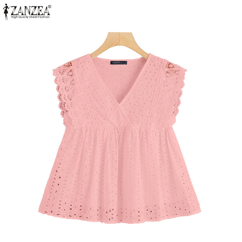 ZANZEA ใส่ ซานเซีย ผู้หญิงฤดูร้อนสบายๆคอวีแขนกุดลูกไม้เย็บปะติดปะต่อกันถัง