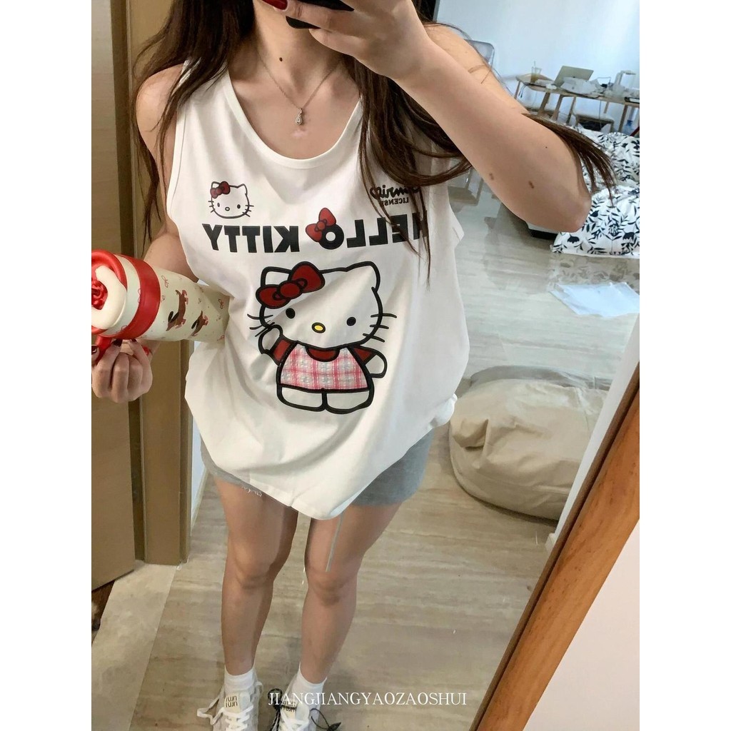 หวานและน่ารักคิตตี้แมวพิมพ์เสื้อกั๊กแขนกุดสําหรับผู้หญิงฤดูร้อนใหม่หลวมด้านบนด้านใน