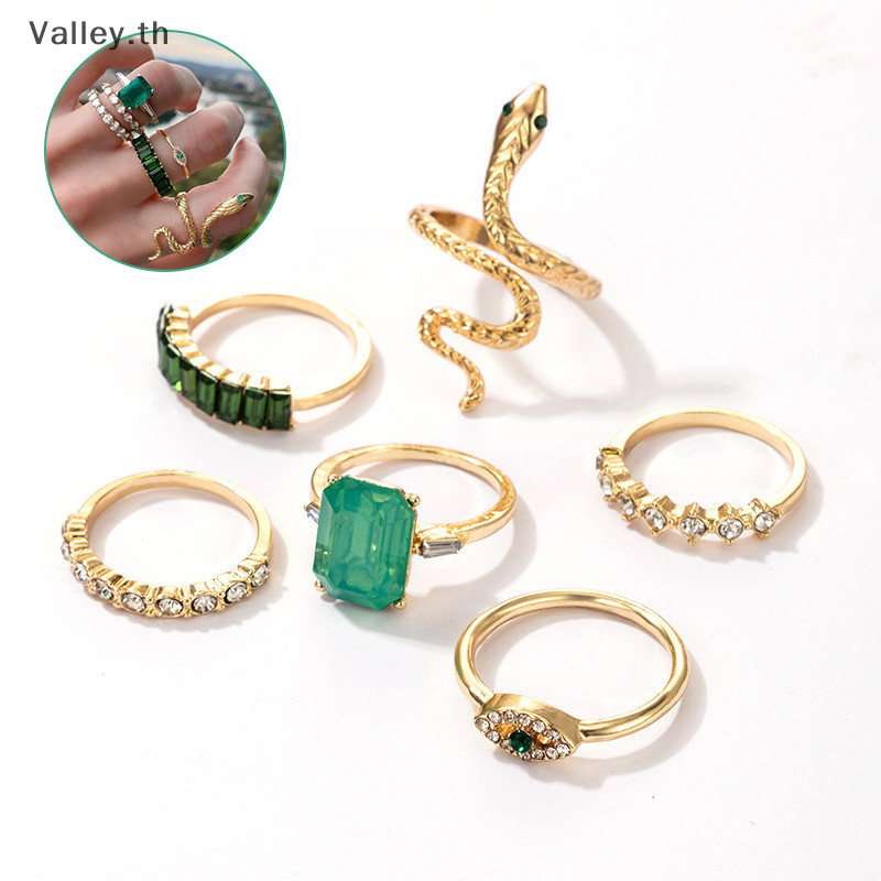 [Valley] 6 ชิ้น/เซ็ตแหวนงู Rhinestone สีเขียวสําหรับผู้หญิงเครื่องประดับคริสตัลวินเทจ TH
