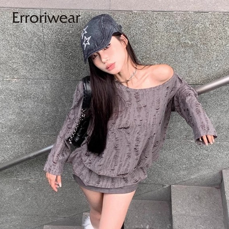 Errokiwear เสื้อยืดผู้หญิง 2024 สีทึบคอเรือแขนยาวหลวม Fit Casual Oversize Tops
