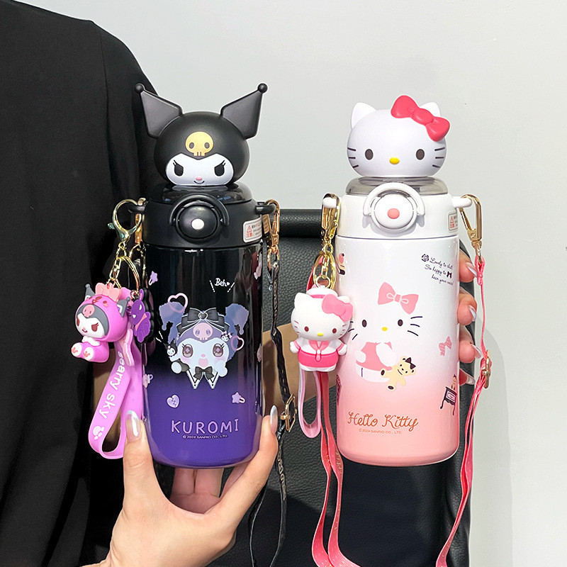 Sanrio Sunshine กระติกน้ำร้อน Kulomi ถ้วยน้ำนักเรียนมูลค่าสูงสำหรับเด็กผู้หญิงถ้วยฟางดื่มคู่ขวดน้ำเด็ก ucrq