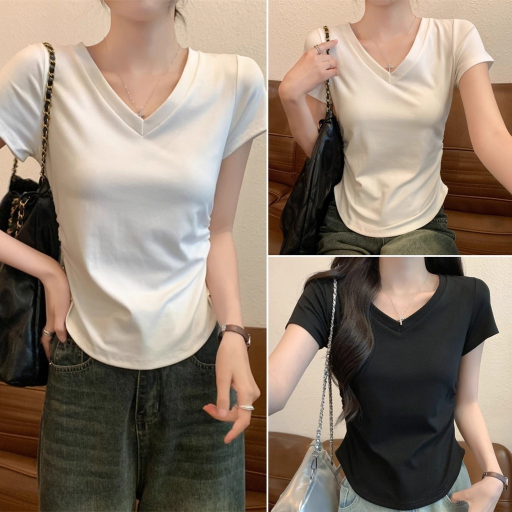 Betty house พร้อมส่ง เสื้อรัดรูปผู้หญิง ผ้ายืดลายทาง เสื้อยืดลายทางเฟชั่นสั้น แขนสั้นเซ็กซี่ ดีไซน์จีบด้านข้าง