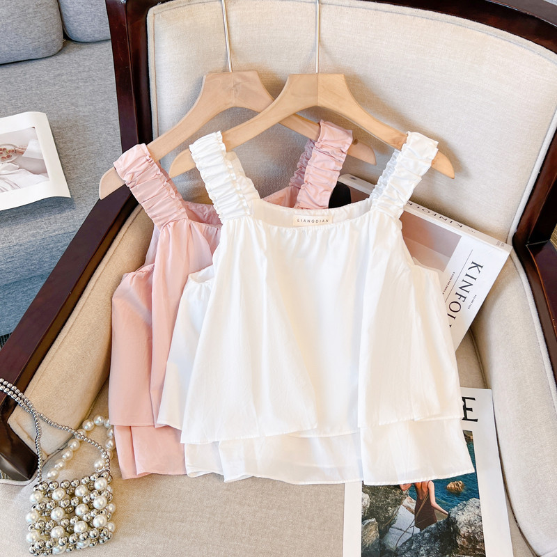 Lovito เสื้อแขนกุดผู้หญิง ชายระบาย สีพื้น สไตล์ลำลอง LNE62374