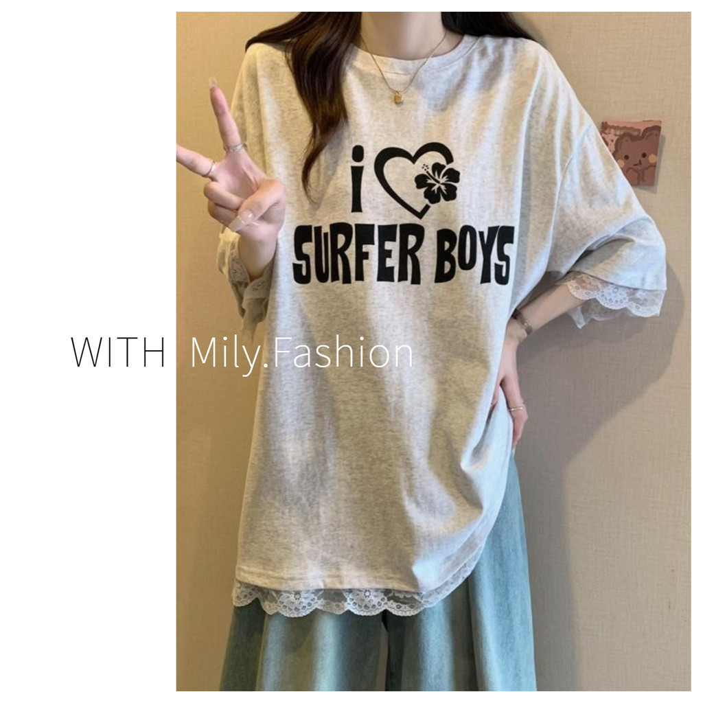 Milyfashion Lace Sweet Niche Patchwork Shirt Letter เสื้อยืดแขนสั้นผู้หญิง Top