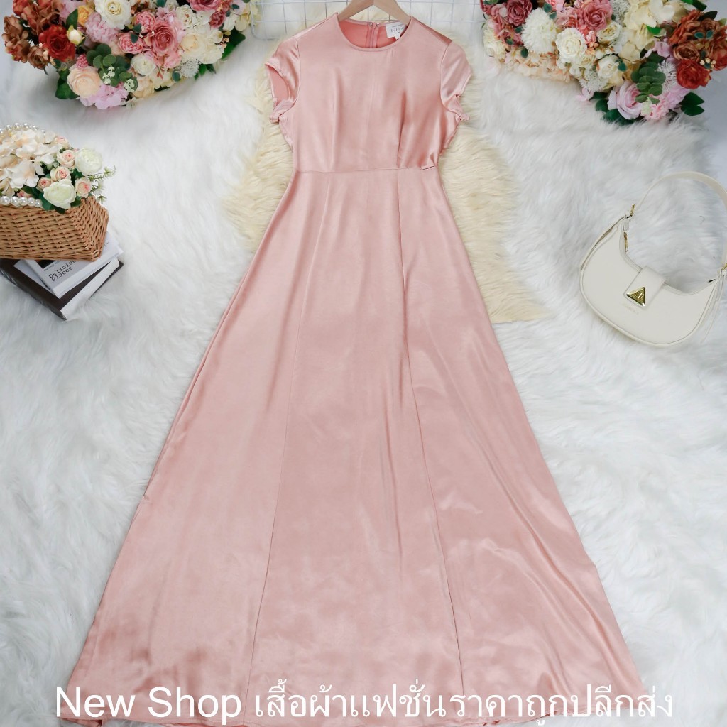 ชุดเดรสยาว สีโอรส ซิปซ่อนด้านหลัง แขนสั้น คอกลม ความยาวชุด=60