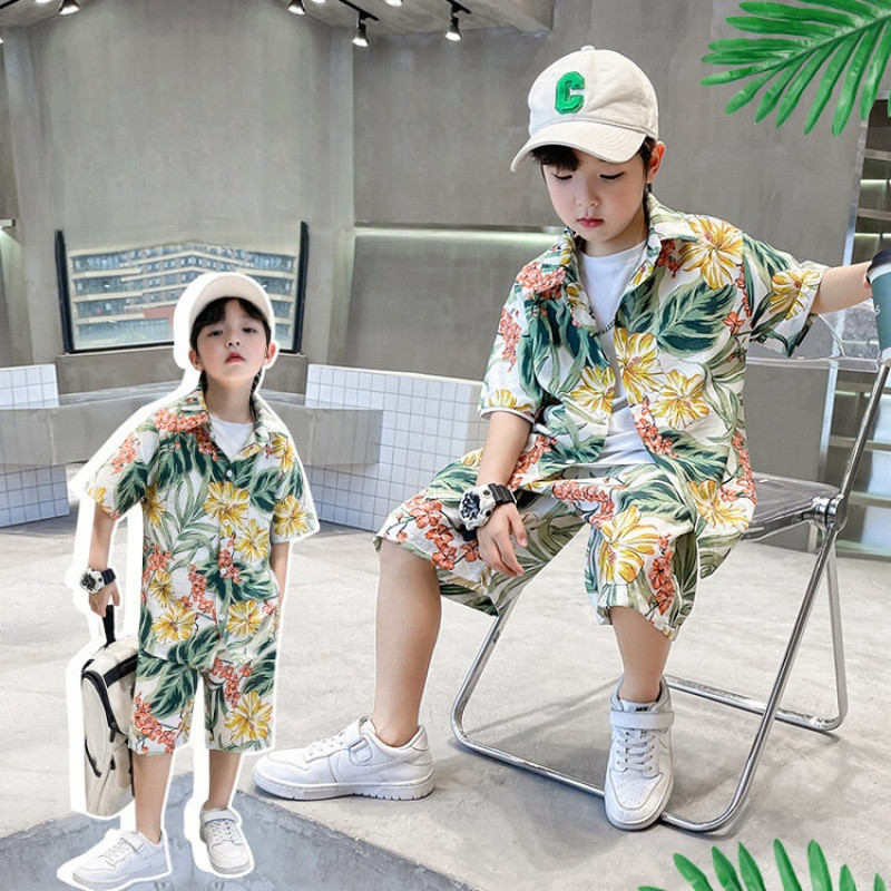 เกาหลีชุดเด็กชายเด็กเสื้อผ้าฮาวายพิมพ์เสื้อชายหาดวันหยุดเสื้อใหม่หล่อสบาย