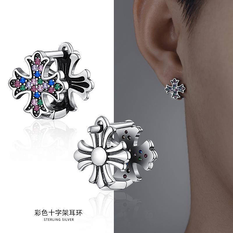 Sterling Silver Earrings Men's High-Grade Colorful Cross Boys Ear Clip Single One Two Wear Cold Styl