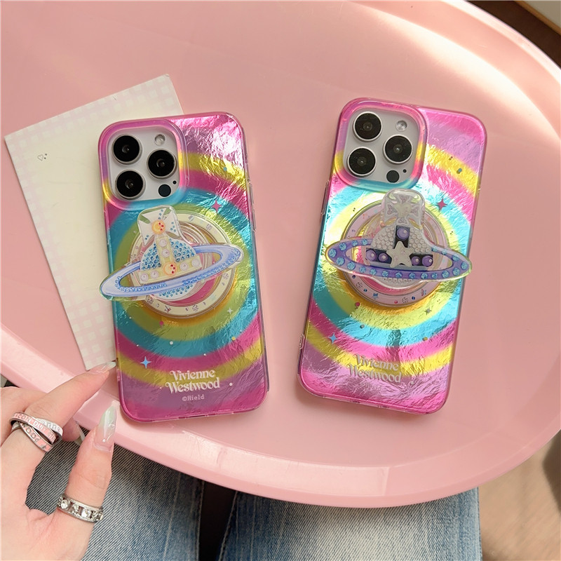 Rainbow Star Vivienne Westwood ขาตั้งแม่เหล็ก IPhone Case สําหรับ IPhone 15 Pro Max 12 13 14 Pro Max ปลอกซิลิโคนความต้านทานแรงกระแทก IMD สองชั้นรูปแบบปกหลัง