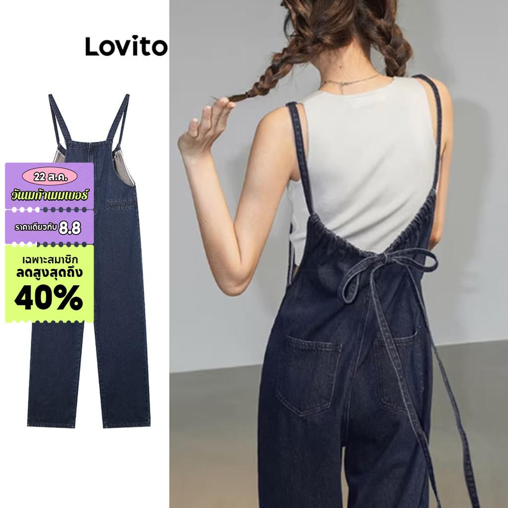 Lovito จั๊มสูทยีนส์ผู้หญิง ผูกหลัง มีกระเป๋า คัทเอ้าท์ สีพื้น สไตล์ลำลอง LNE55272