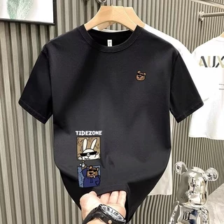 เสื้อยืดลําลอง ผ้าฝ้ายแท้ แขนสั้น คอกลม พิมพ์ลายการ์ตูนกระต่าย หมี สไตล์เกาหลี แฟชั่นฤดูร้อน สําหรับผู้ชาย มีสีดํา สีขา3
