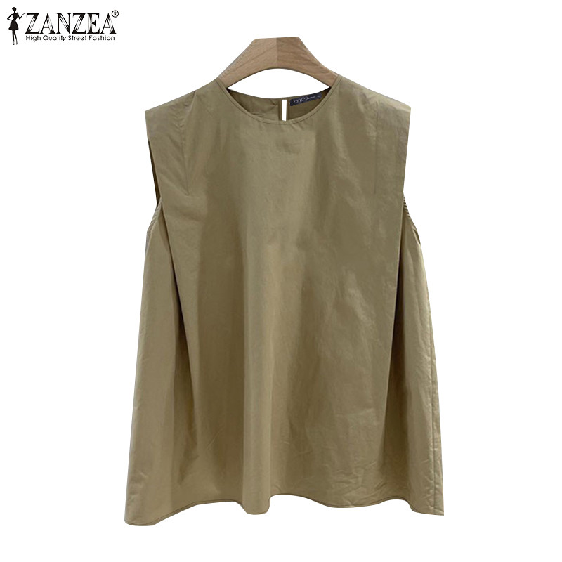 ZANZEA ใส่ ซานเซีย ผู้หญิงเกาหลีสบายๆรอบคอปุ่มจีบแขนกุดถัง