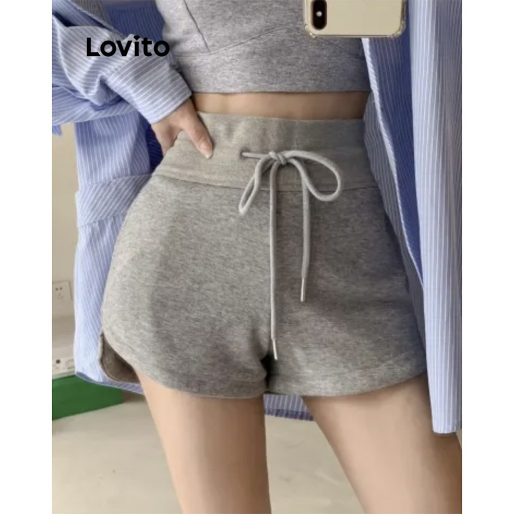Lovito กางเกงขาสั้นผู้หญิง รูดเชือก สีพื้น สไตล์ลำลอง LNE58785
