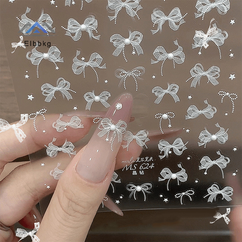 Eibbkg 5D ลูกไม้สีขาว Bow Nail Art สติกเกอร์เพิร์ล Rhinestones ตกแต่งเล็บกาว Decals Slider DIY อุปกรณ์เสริมลดราคา