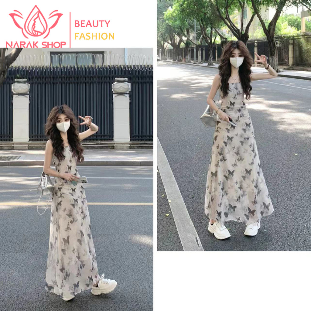 ชุดเดรสสายเดี่ยว ลายผีเสื้อ สไตล์ฝรั่งเศส ฤดูร้อน ดีไซน์เรียบหรู