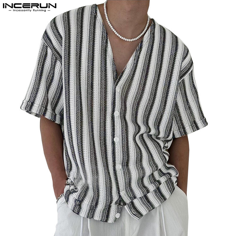 Incerun เสื้อเชิ้ตแขนสั้นคอวีลําลองสําหรับบุรุษเกาหลี