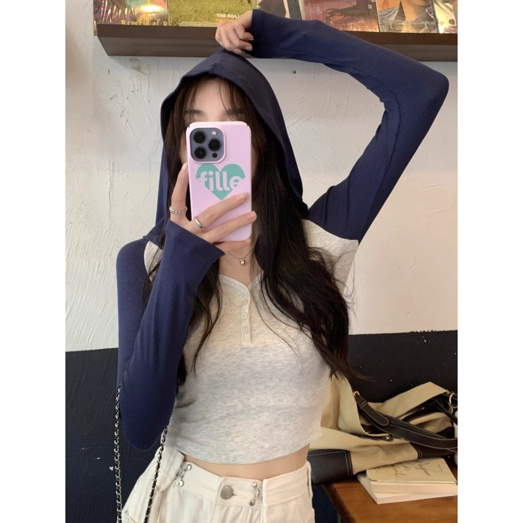 สไตล์เกาหลี Raglan Sleeve Hooded Bottoming เสื้อยืดแขนยาวผู้หญิง