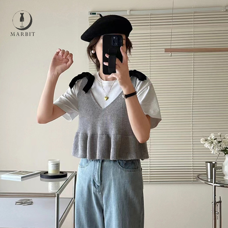 Marbit เสื้อกั๊กไหมพรม งานแมทง่าย สีพื้น คอวี ตัวสั้น Bow Lace-up ชายเสื้อน่าระทึกใจ แฟชั่นสไตล์เกาหลี ZHN