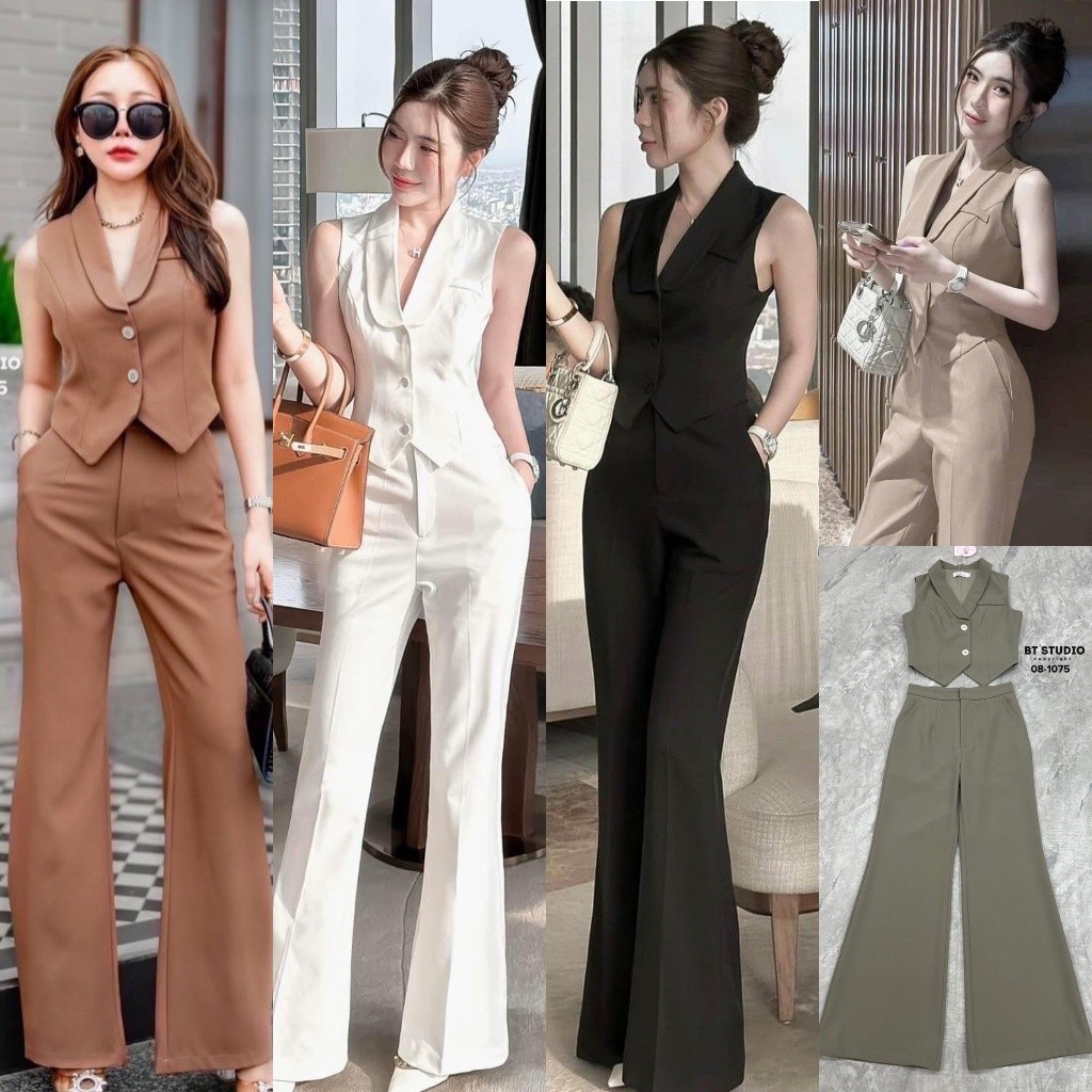 ร้านโค้ดคุ้ม Rattana ชุดเซต เสื้อ+กางเกงขายาว สีดำ ขาว น้ำตาล เขียว ใส่ทำงาน เที่ยว ออกงาน สวยเก๋มาก