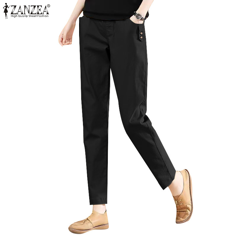 ZANZEA ใส่ ซานเซีย ผู้หญิงเกาหลีลําลองปุ่มสีทึบกระเป๋ากางเกงเอวกลาง