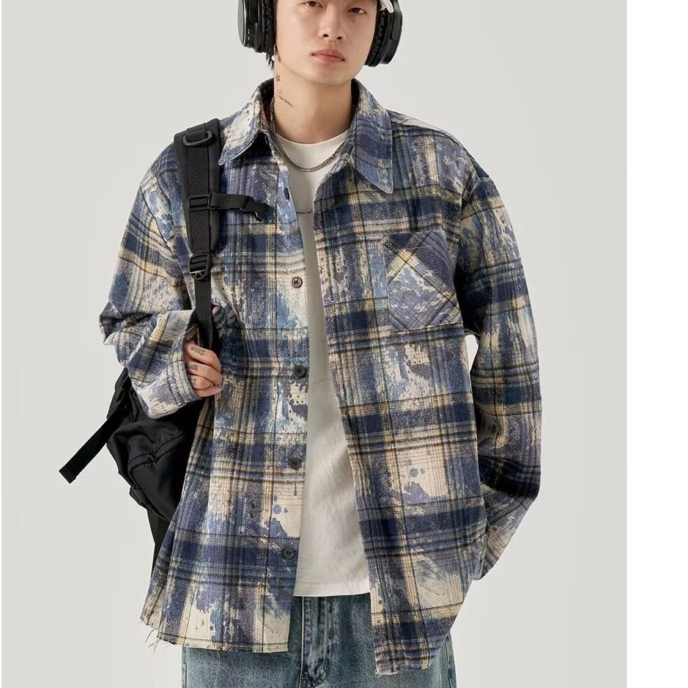 เสื้อเชิ้ตแขนยาวมัดย้อมปักลาย unisex เสื้อแจ็คเก็ตลายตารางหมากรุกขนาดใหญ่