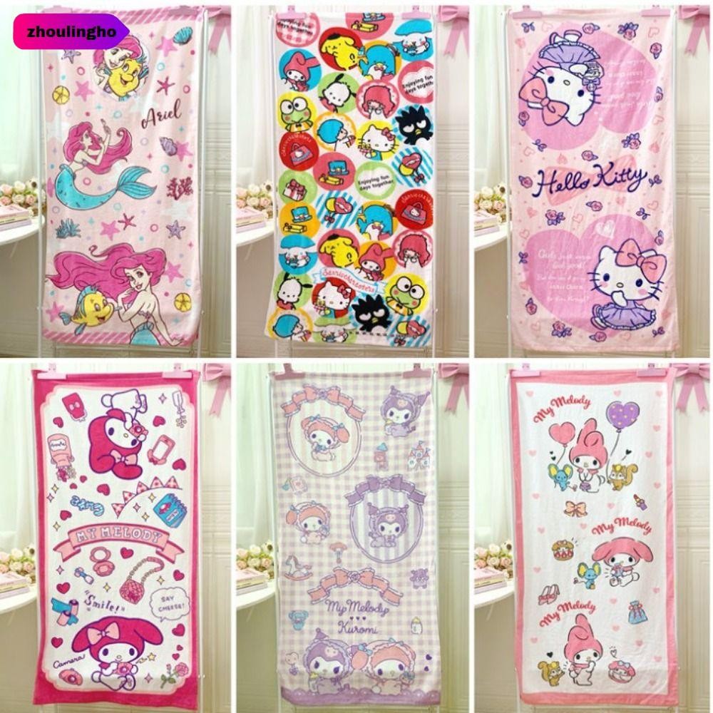 SANRIO โจวหลิงโฮ ซานริโอ ผ้าขนหนู, ผ้าขนหนูอาบน้ําการ์ตูนน้ําดูดซับเมโลดี้, ผ้าห่มคลุมผ้าฝ้ายนุ่มไมโครไฟเบร