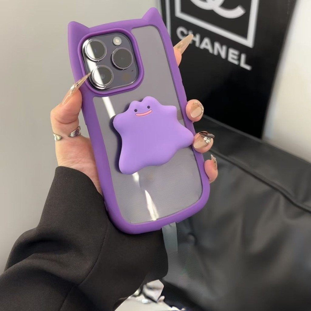 น่ารักสีม่วง Ghost ซิลิโคนที่มองไม่เห็นวงเล็บ,โปร่งใสหูแมวอะคริลิคเคสโทรศัพท์เหมาะสําหรับ IPhone 11 12 13 14 15 16 Pro Max Plus X XS Max Xr กันกระแทกฝาครอบ