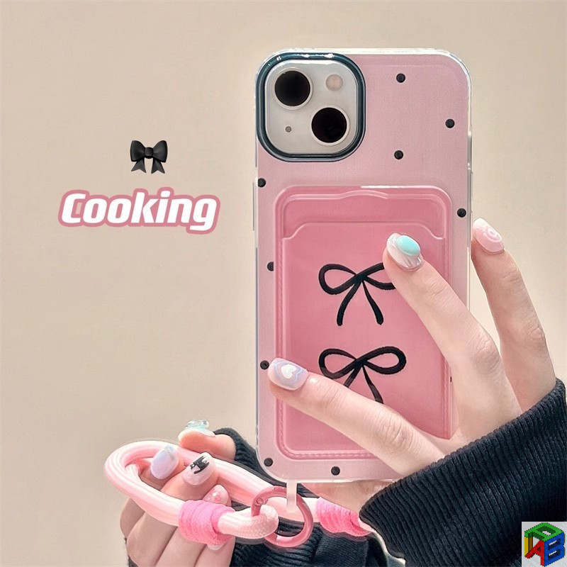 สาวโบว์สีชมพูสําหรับ Apple 15Promax เคสโทรศัพท์ iphone14plus 11Promax /12/13Pro Max Xsmax การ์ตูน XR กระเป๋าสตางค์ช่องใส่การ์ด Lanyard ปกอ่อน