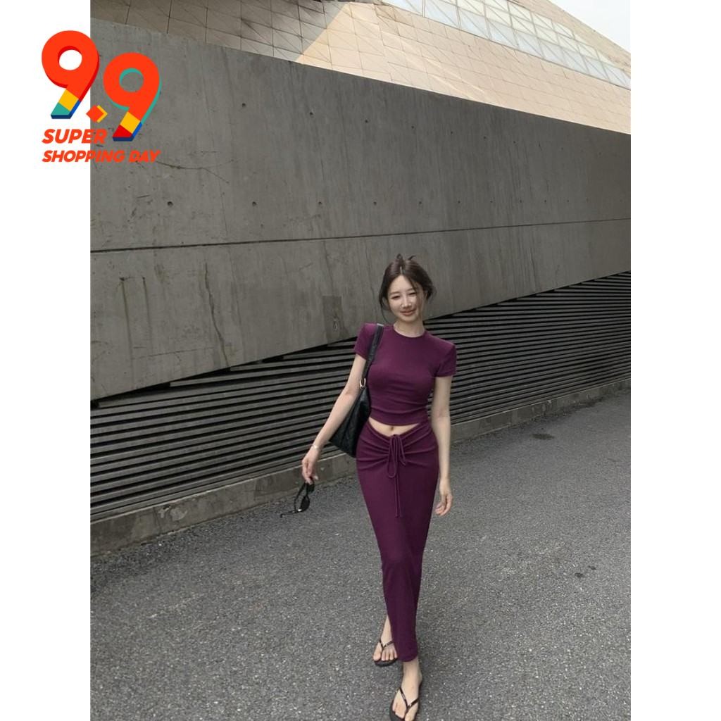 ชุดสาวร้อนสีม่วงไหล่ปกติแขนสั้นเสื้อยืดผู้หญิงฤดูร้อนกระโปรงกระโ