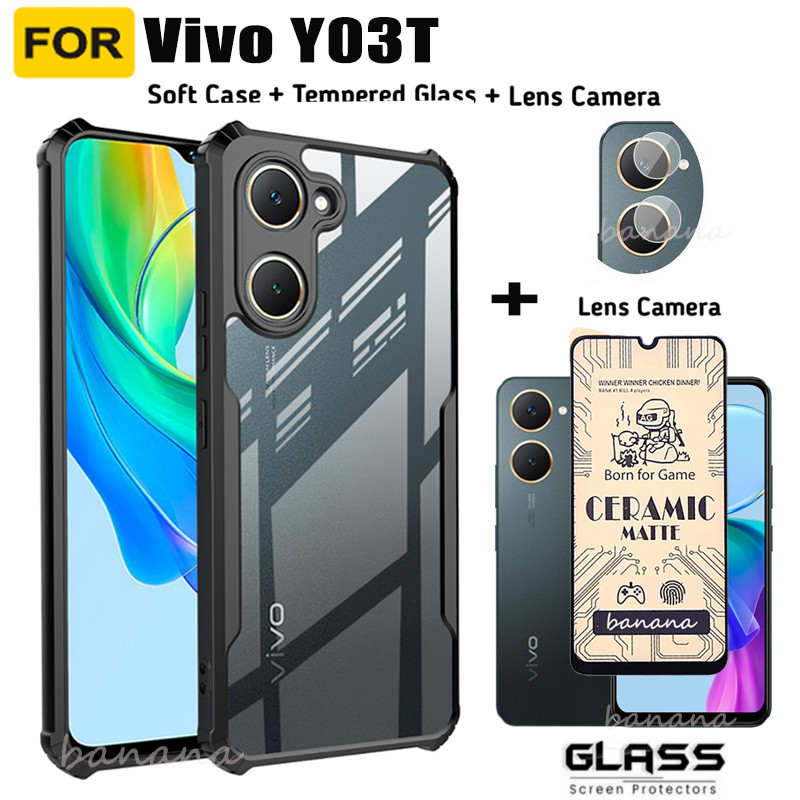 Shockproof สําหรับ Vivo Y03t เซรามิคกระจกนิรภัย 3 ใน 1 Vivo Y28S Y28 4G 5G Y18 Y18E Y03 ป้องกันหน้าจอกล้องเลนส์ฟิล์ม