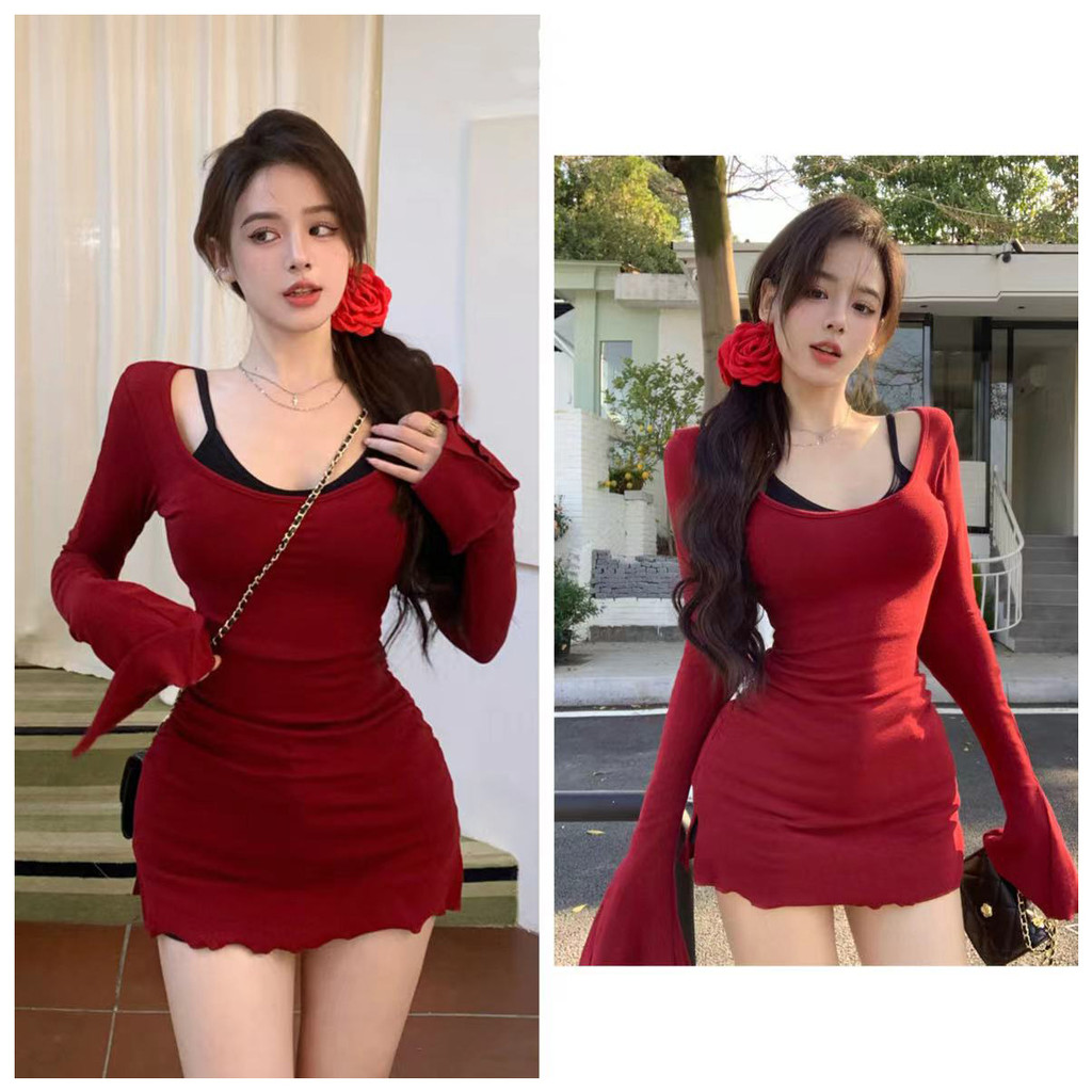 เสื้อยืดสีแดงหญิง ดีไซน์ใหม่ คอ U แขนยาว