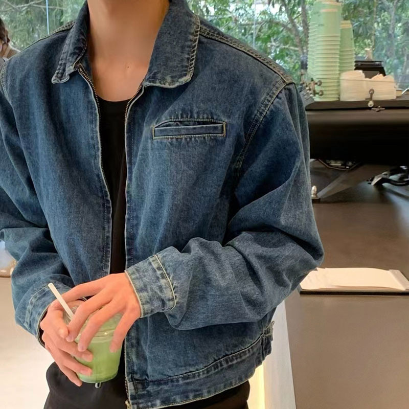 [แจ็คเก็ตเด็กชาย] แจ็คเก็ตเดนิมซิปหล่อสุดเด็กชายฤดูใบไม้ผลิอเมริกันย้อนยุคซอกด้านบนหลวมสบายๆแจ็คเก็ตสไตล์ฮ่องกง
