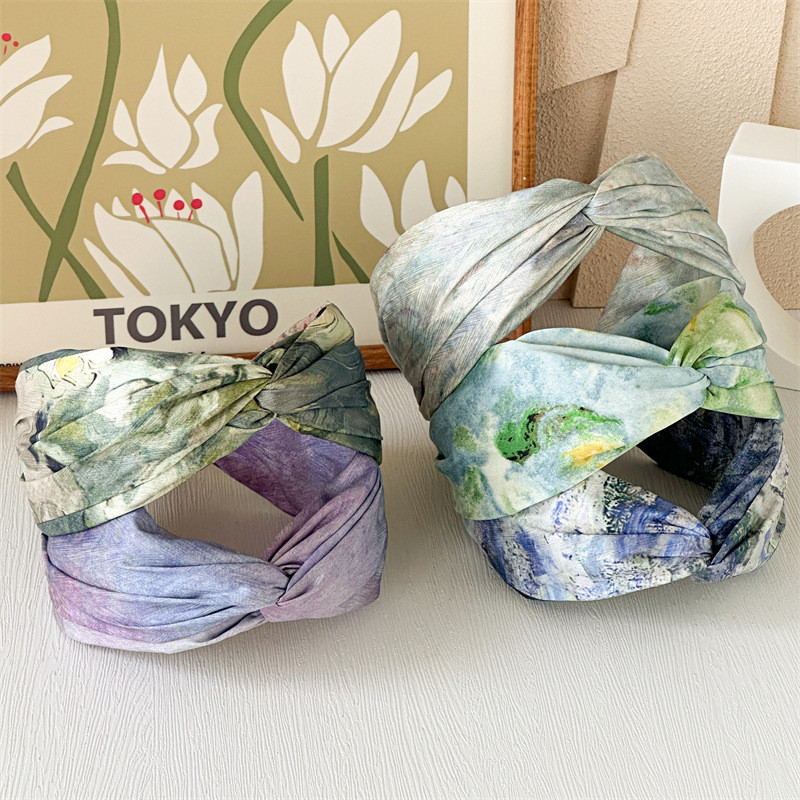 Monet ภาพวาดสีน้ํามันซาตินที่คาดผม Niche Retro Cross High Cranial Top Wide Version Gradient Color Hairband