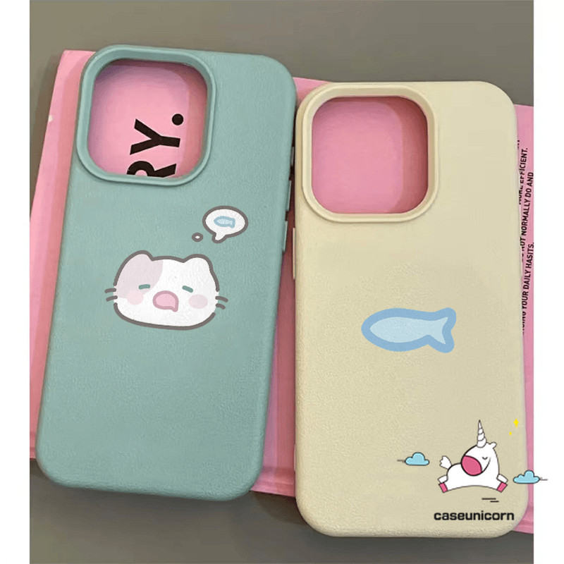 Simple การ์ตูนลูกแมวปลาแมวน่ารักคู่ภาพวาด Candy สําหรับ IPhone 13 16 15 14 12 11 Pro Max XR X 15 14 16 Plus XS Max หนังหรูหราผิวรู้สึกนุ่มกรณี