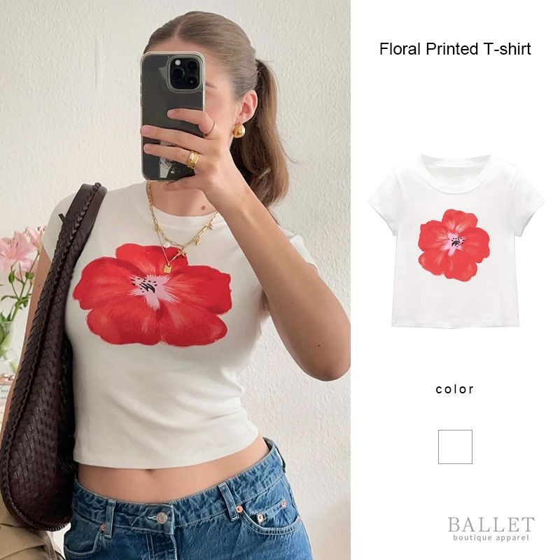 เสื้อยืดพิมพ์ลายดอกไม้แฟชั่นคอกลมแขนสั้นเสื้อยืดผู้หญิงเสื้อรัดรูปบาง BB