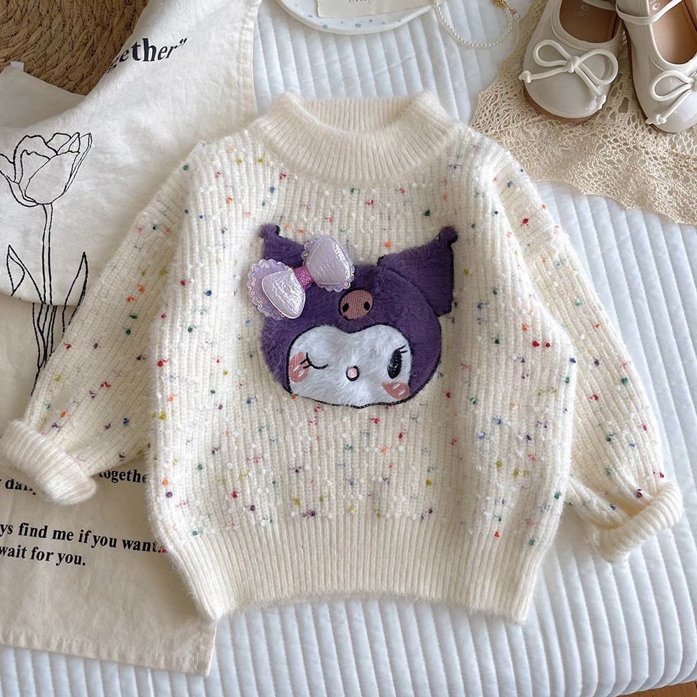 เสื้อกันหนาวเด็กผู้หญิงฤดูใบไม้ร่วงและฤดูหนาวเสื้อสวมหัวเด็ก Kuromi ฐานแฟชั่นหนาเสื้อกันหนาวความร้อน