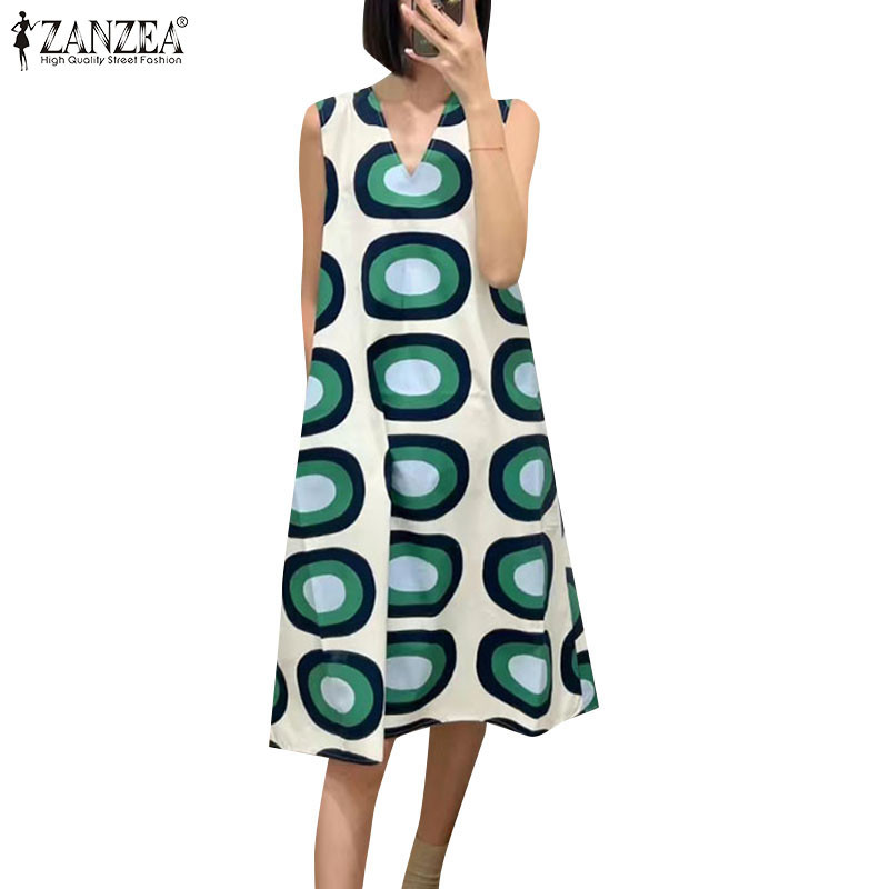 ZANZEA ใส่ ซานเซีย ผู้หญิงปาร์ตี้วันหยุดคอวีแขนกุดพิมพ์ชุด