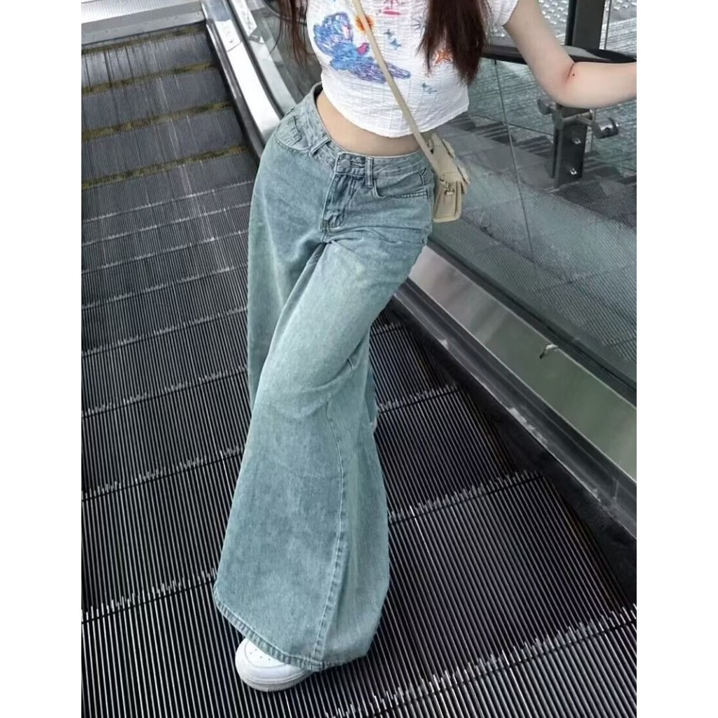 American Retro Flared Jeans Womens High เอว 2026 ฤดูใบไม้ผลิฤดูใบไม้ร่วงสไตล์ใหม่ Distressed Straight Wide-Leg Flared Jeans