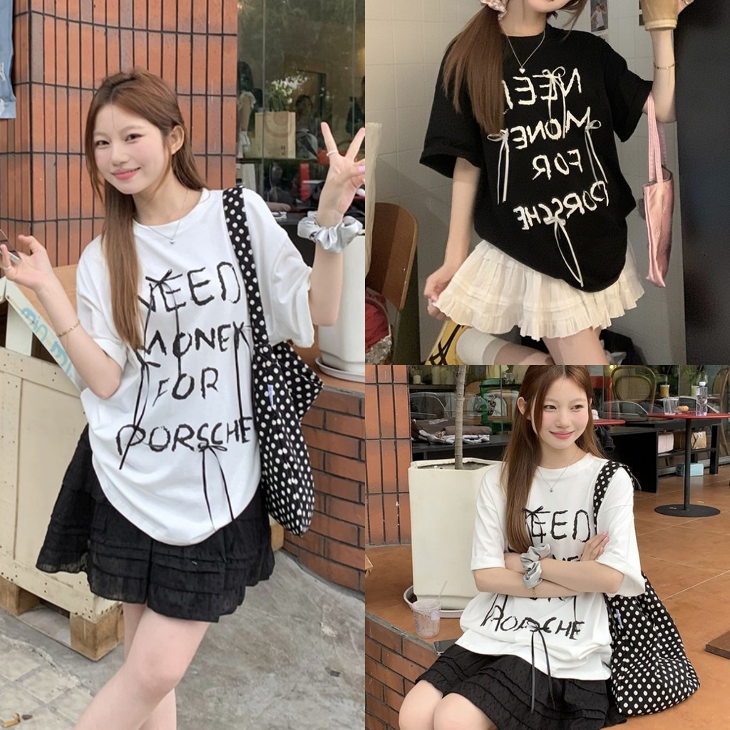 Luna Shop 🍒 เสื้อยืดทรงหลวม 🎇🎇 เสื้อแขนสั้นผูกโบว์อเนกประสงค์สไตล์เกาหลีลำลองและอ่อนโยนในสไตล์ขี้เกียจ