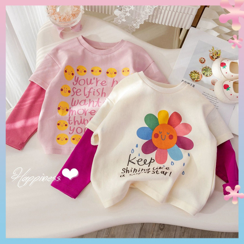 Girls' Fake Two-Piece Long SleeveTShirt Spring and Autumn New Cartoon Printed Color Contrast Bottoming Shirt Baby Girl Autumn Clothing Fashionable Top