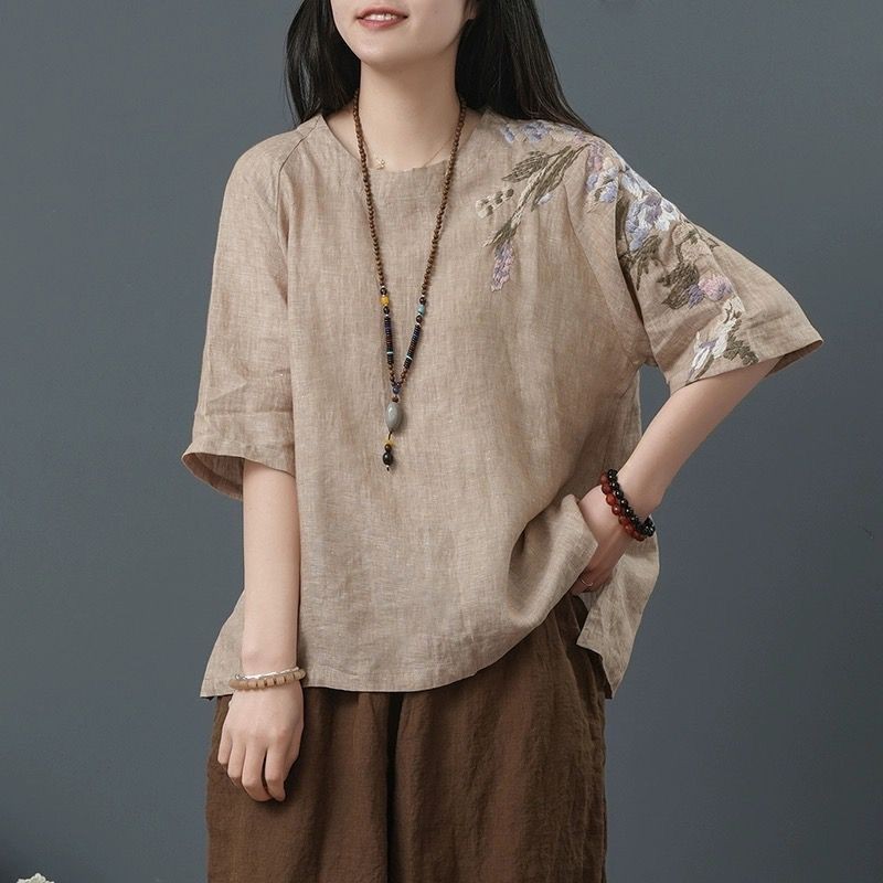 หลวมผู้หญิงขนาดบวกเสื้อผ้าแม่วัยกลางคนฤดูร้อนผ้าลินินปักผ้าฝ้ายผ้าลินินด้านบนผู้หญิงที่เรียบง่ายทุกการแข่งขันสั้น-