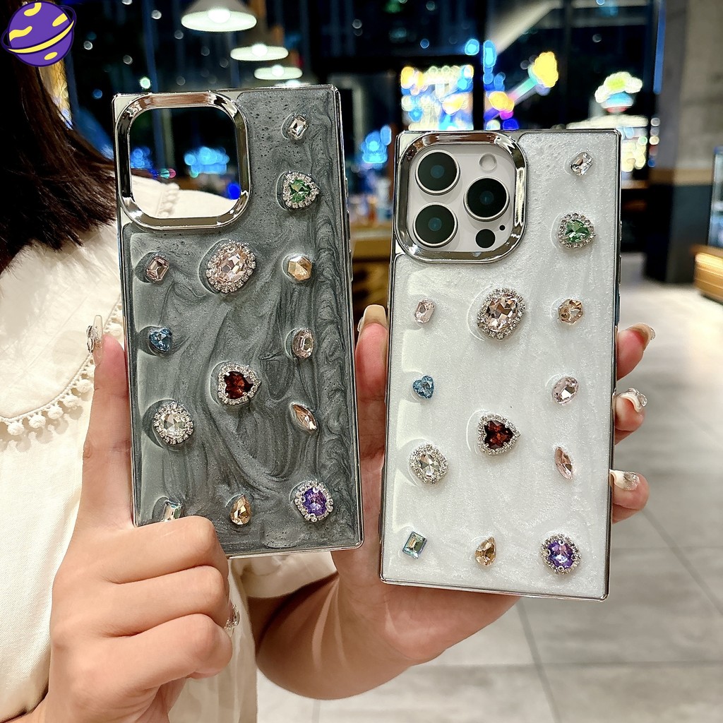 ประกายเพชรอัญมณีตารางเคสโทรศัพท์เหมาะสําหรับ ไอโฟน 16 15 14 13 12 มือโปร สูงสุด 11 16 15 14 บวก ชุบด้วยไฟฟ้าตรงขอบฝาครอบป้องกันป้องกันการตกปลอก