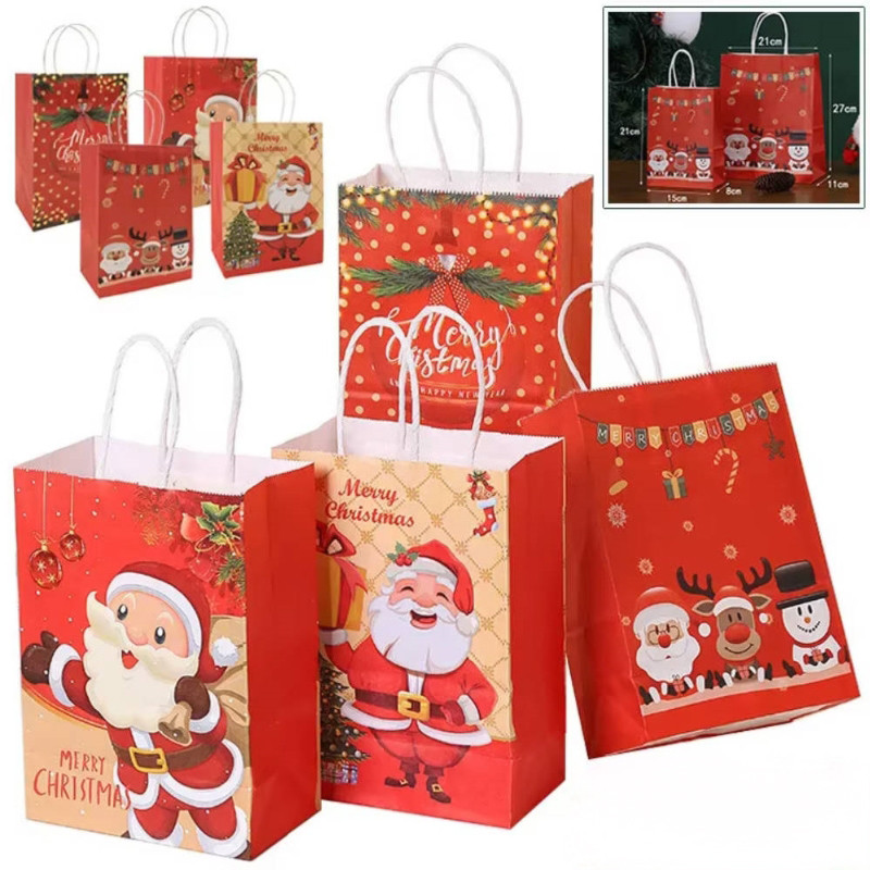 Happy Christmas Paper Gift Bag Santa Claus Candy Biscuit Bag Diy Kraft Paper Gift Handbags