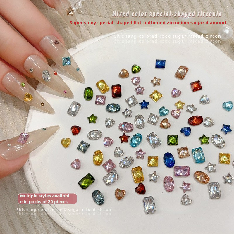 เครื่องประดับเพชรเล็บด้านล่างแบนเพทายสีสันสดใส 20 ชิ้น / เอเลี่ยนนกพิราบหัวใจไข่ดาวห้าแฉกร็อคลูกอมตกแต่งเล็บ / ทำเล็บมือแบบ DIY
